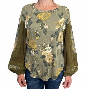 Women's Olive Green Floral Long-Sleeve Top